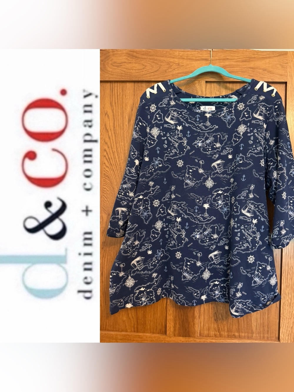 NWOT Denim and Co 2X Navy Nautical Top
